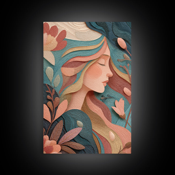 Art Nouveau Floral Woman Portrait Wall Art, Feminine Boho Canvas, Teal Peach Bedroom Decor, Elegant Gift For Her, Modern Home Decor