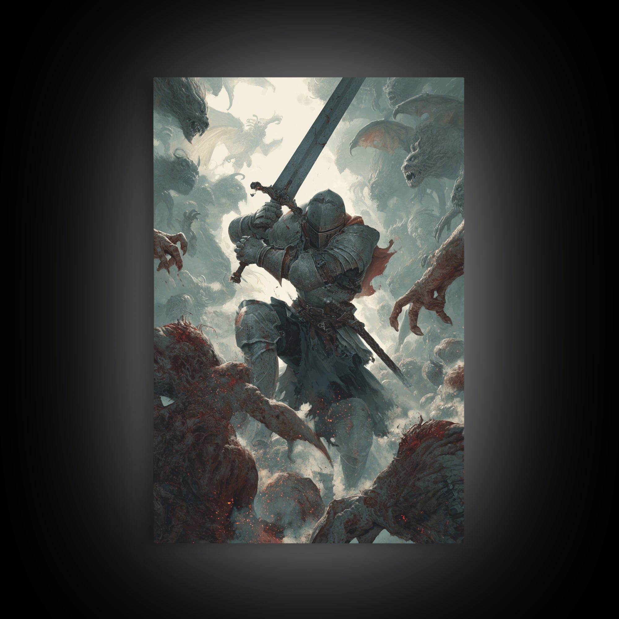 Armored Knight Battling Monsters Wall Art, Dark Fantasy Canvas Wall Decor, Gothic Warrior Artwork, Medieval Game Room Decor