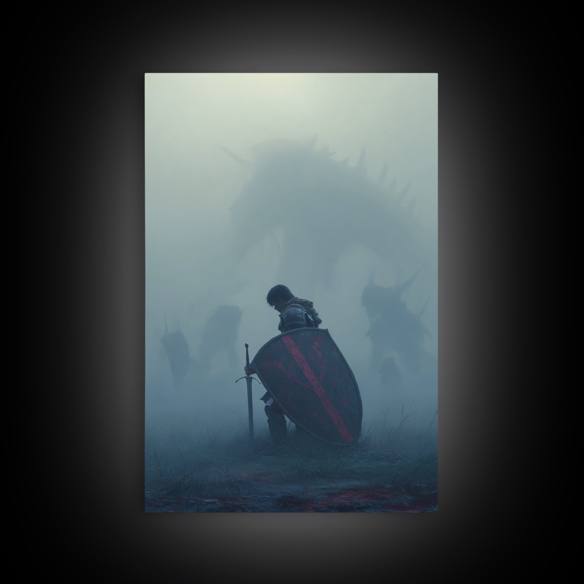 Kneeling Knight In Mist Wall Art, Dark Fantasy Dragon Print, Medieval Warrior Decor, Moody Gothic Living Room Artwork Gift