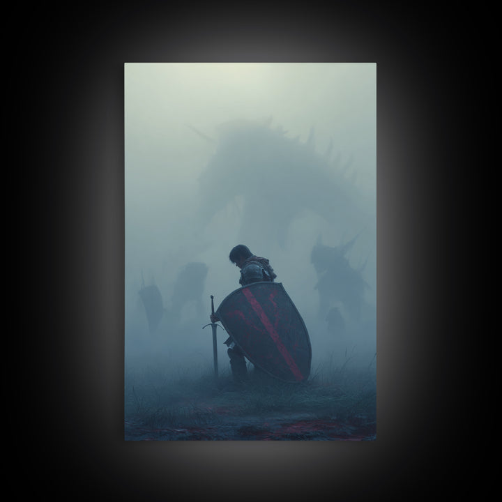 Kneeling Knight In Mist Wall Art, Dark Fantasy Dragon Print, Medieval Warrior Decor, Moody Gothic Living Room Artwork Gift