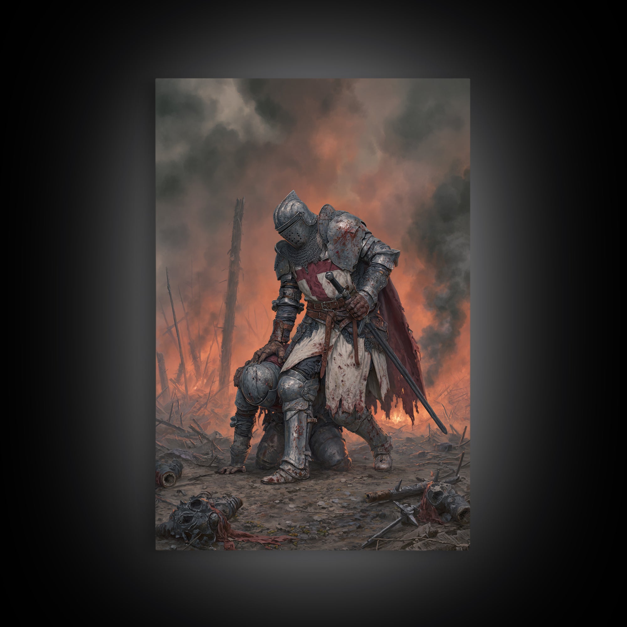 Wounded Knight In Burning Battlefield Wall Art, Dark Fantasy Medieval Canvas Decor, Gothic Warrior Print, Moody Office Artwork