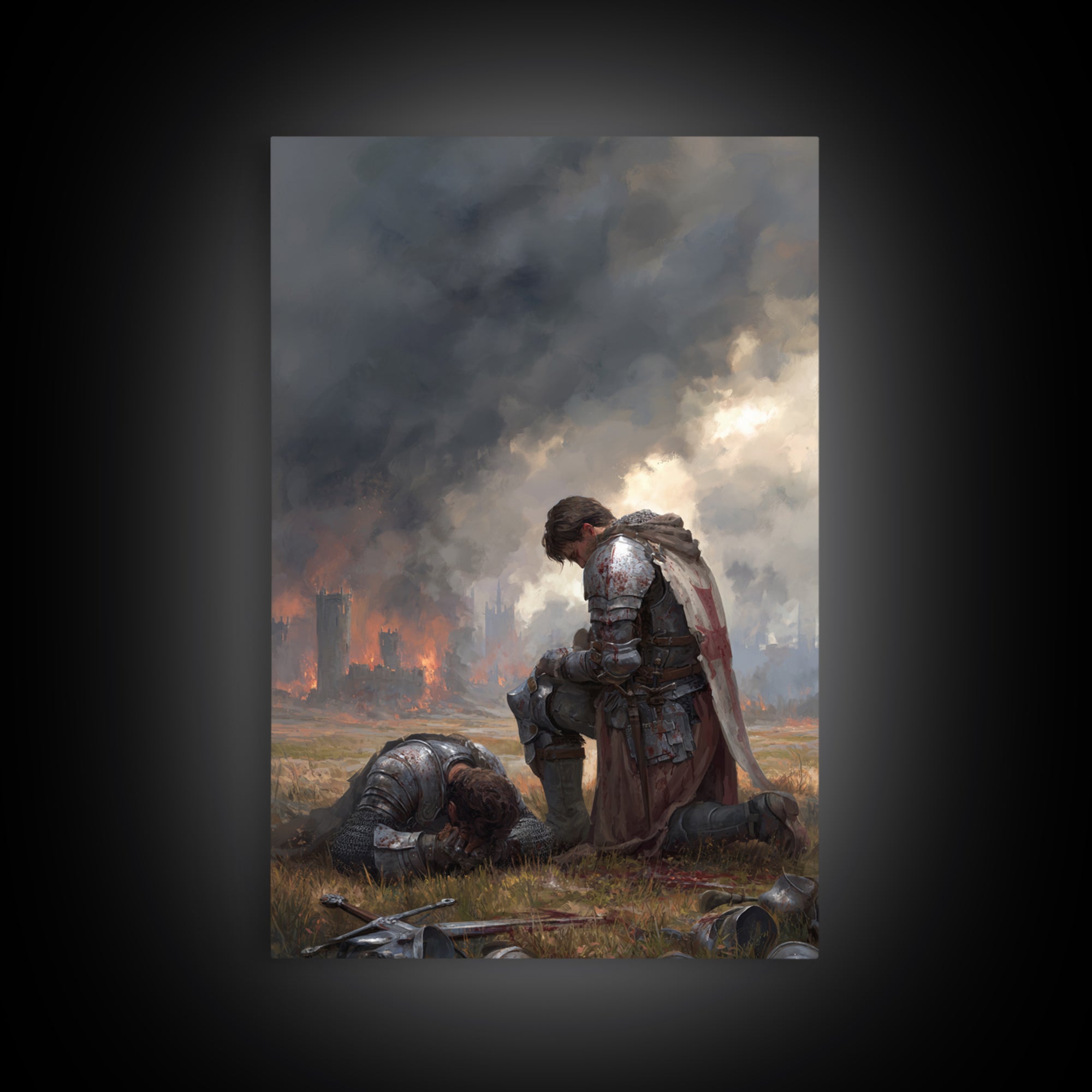 Grieving Knight Beside Fallen Soldier Wall Art, Dark Fantasy Medieval Print, Gothic Battle Decor, Moody Living Room Artwork