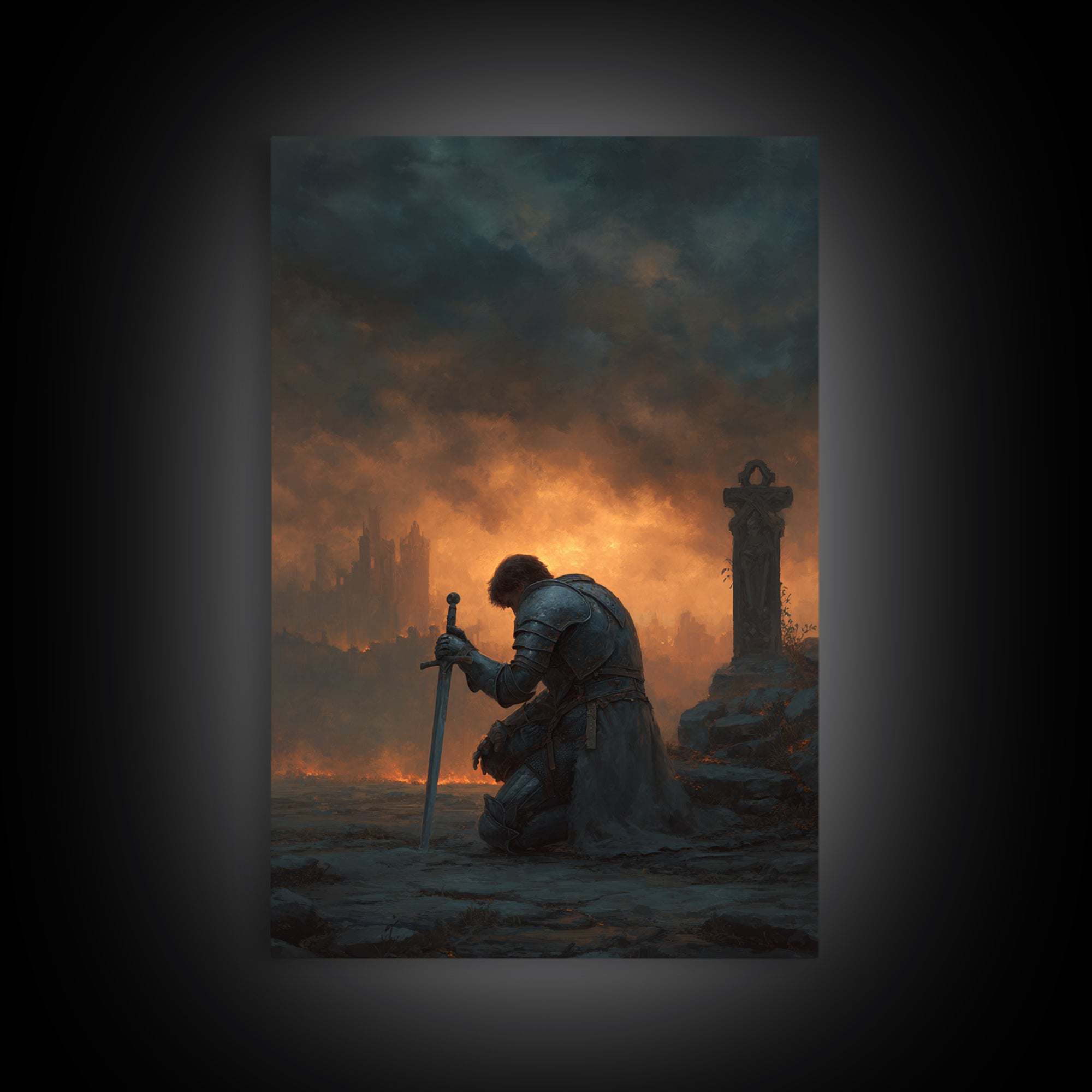 Lone Knight Kneeling At Sword Canvas Print, Dark Fantasy Medieval Wall Decor, Gothic Castle Ruins, Moody Office Art, Statement Artwork