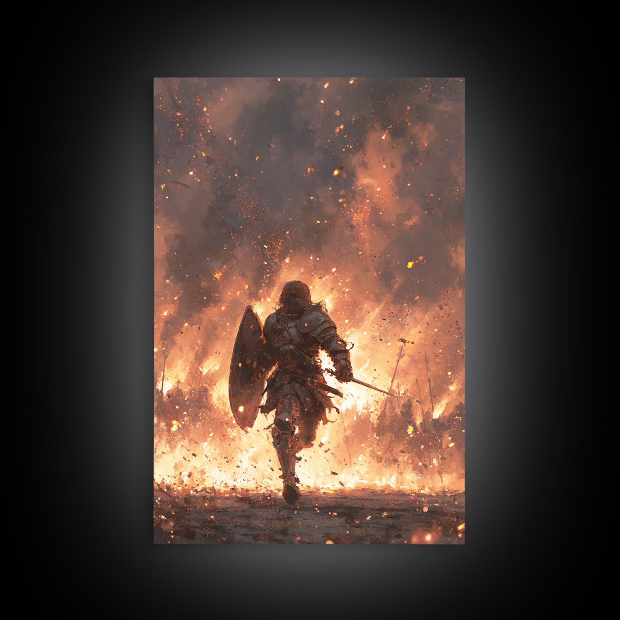 Knight Running Through Fire Wall Art, Dark Fantasy Medieval Battle Print, Gothic Warrior Canvas Decor, Dramatic Game Room Art