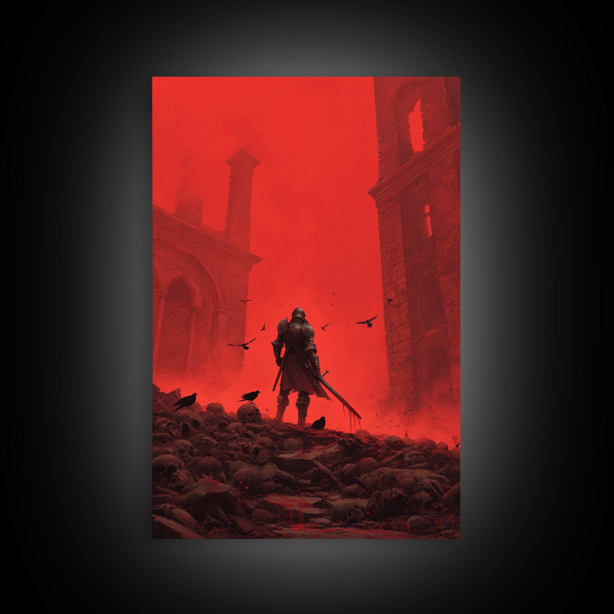 Knight In Crimson Ruins Wall Art, Dark Fantasy Red Gothic Print, Medieval Warrior Decor, Crows And Skulls, Bold Wall Decor