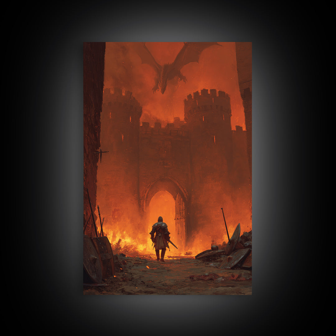 Knight At Burning Castle Gate Wall Art, Dark Fantasy Dragon Print, Medieval Warrior Decor, Gothic Game Room Artwork Gift