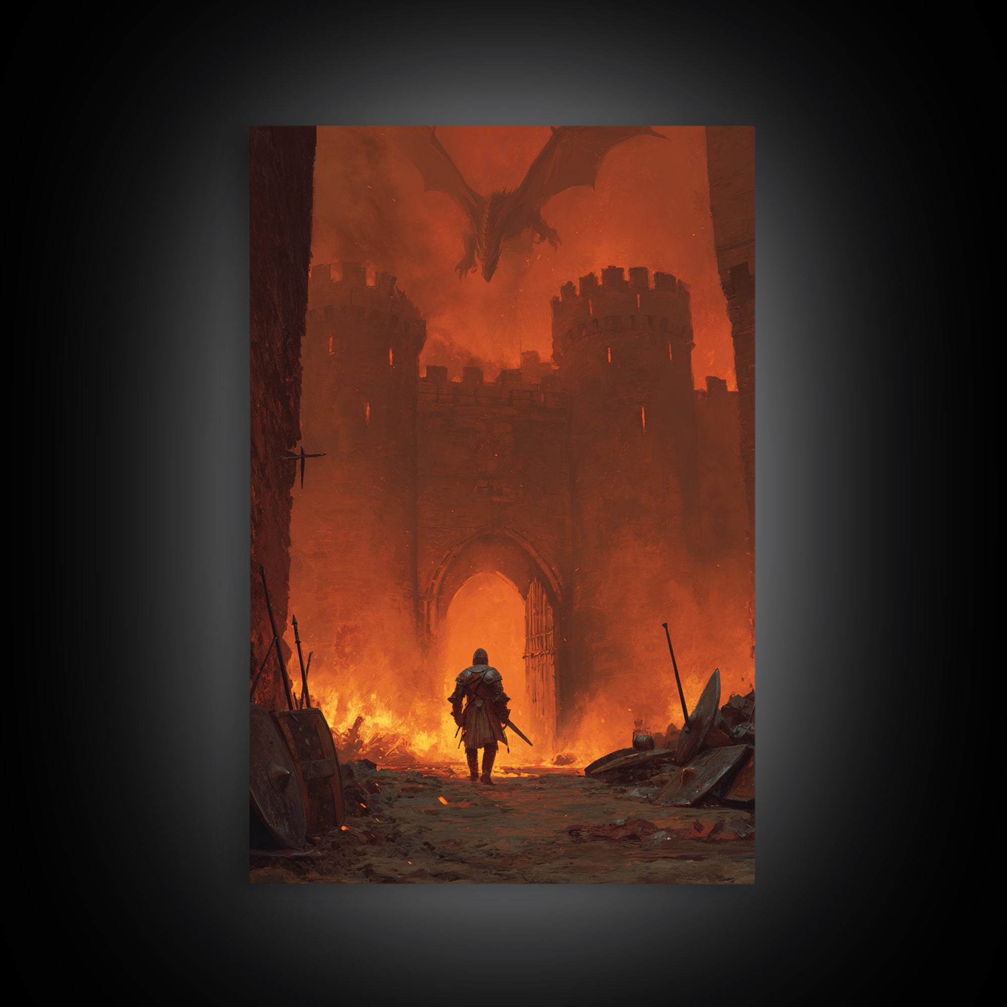 Knight At Burning Castle Gate Wall Art, Dark Fantasy Dragon Print, Medieval Warrior Decor, Gothic Game Room Artwork Gift