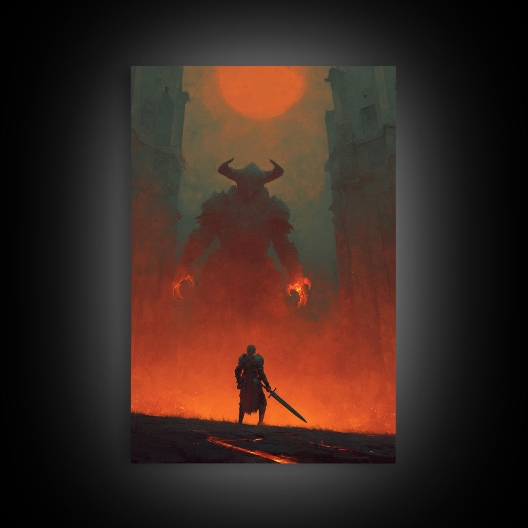 Knight Facing Horned Demon Canvas Print, Dark Fantasy Red Moon Wall Decor, Gothic Monster Art, Epic Game Room Artwork Gift
