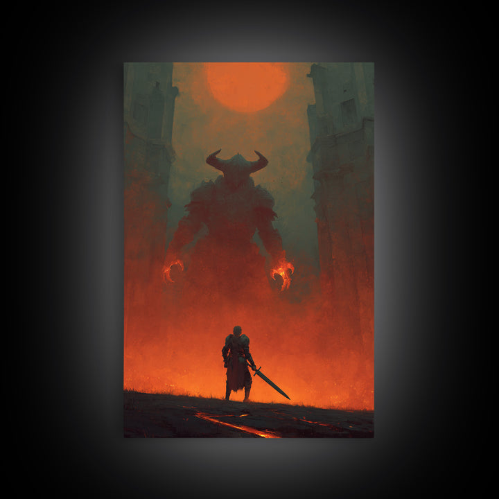 Knight Facing Horned Demon Canvas Print, Dark Fantasy Red Moon Wall Decor, Gothic Monster Art, Epic Game Room Artwork Gift