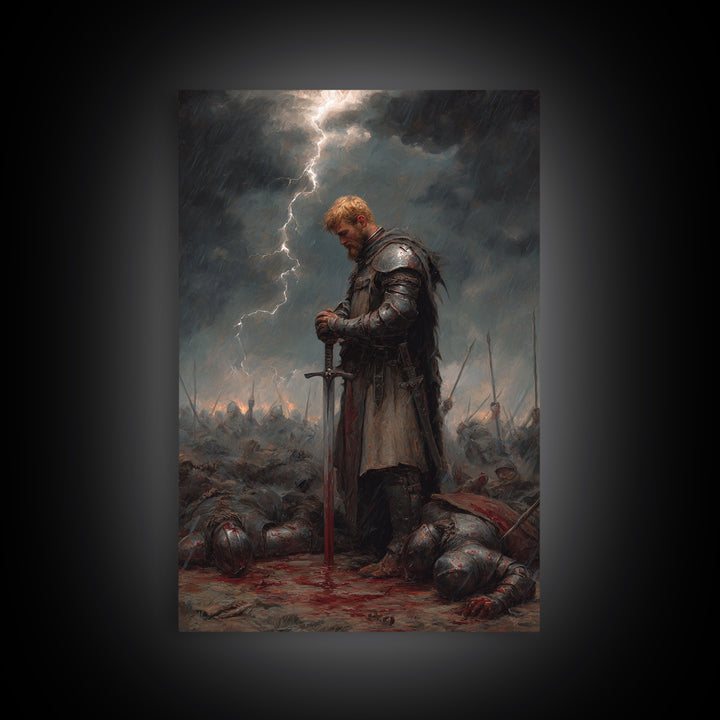 Blond Knight Praying In Storm Wall Art, Dark Fantasy Medieval Battle Print, Gothic Warrior Decor, Moody Masculine Office Art
