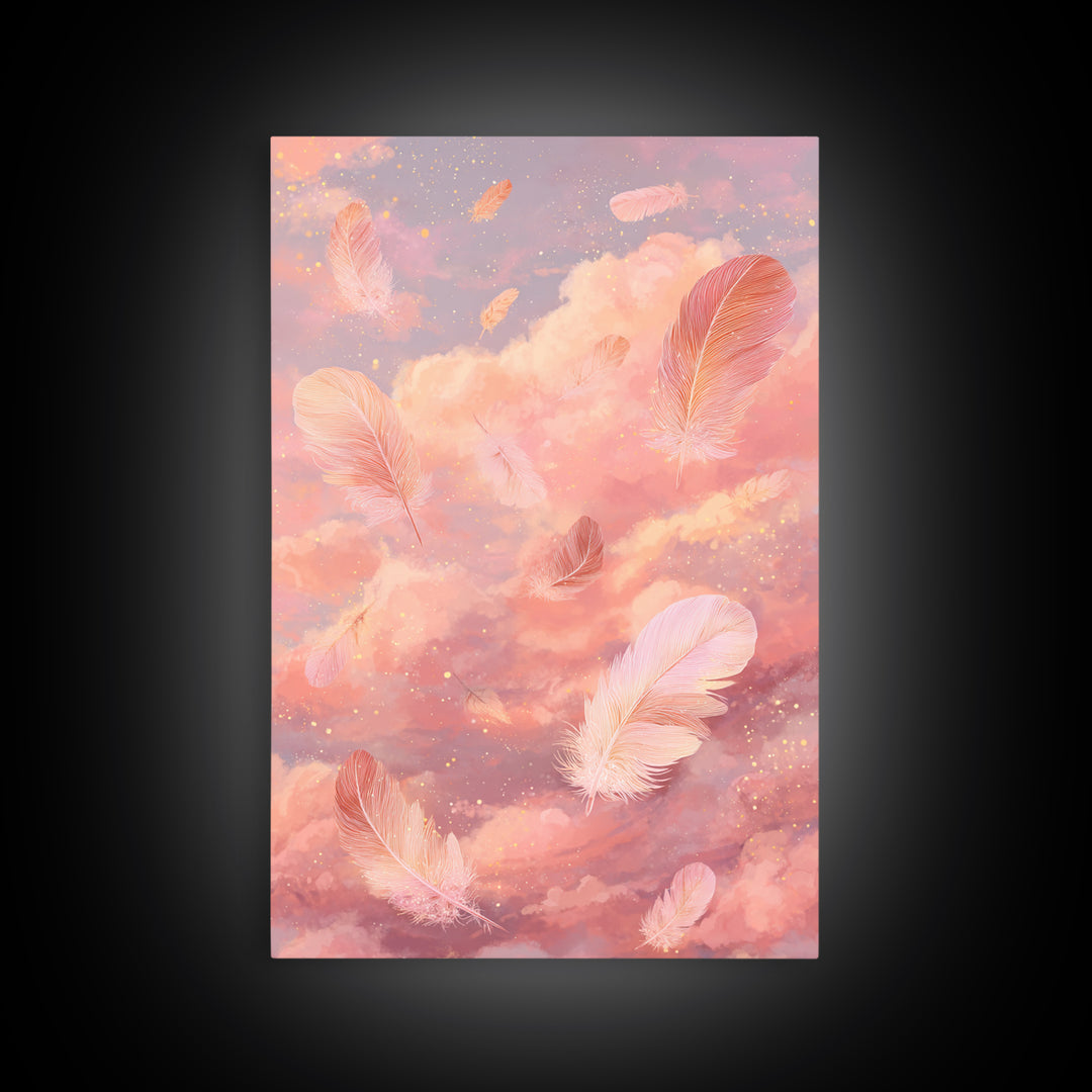 Pink Feather Cloud Canvas Print, Dreamy Celestial Sky Art, Pastel Nursery Decor, Whimsical Bedroom Wall Decor Gift For Her