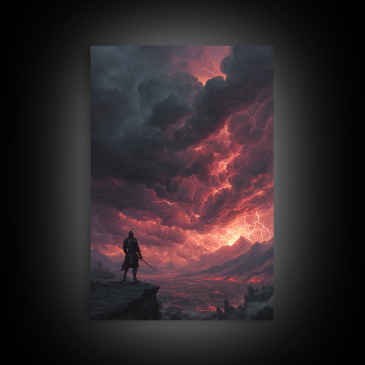 Lone Warrior Under Crimson Lightning Storm Wall Art, Dark Fantasy Landscape, Medieval Castle Decor, Dramatic Gothic Poster