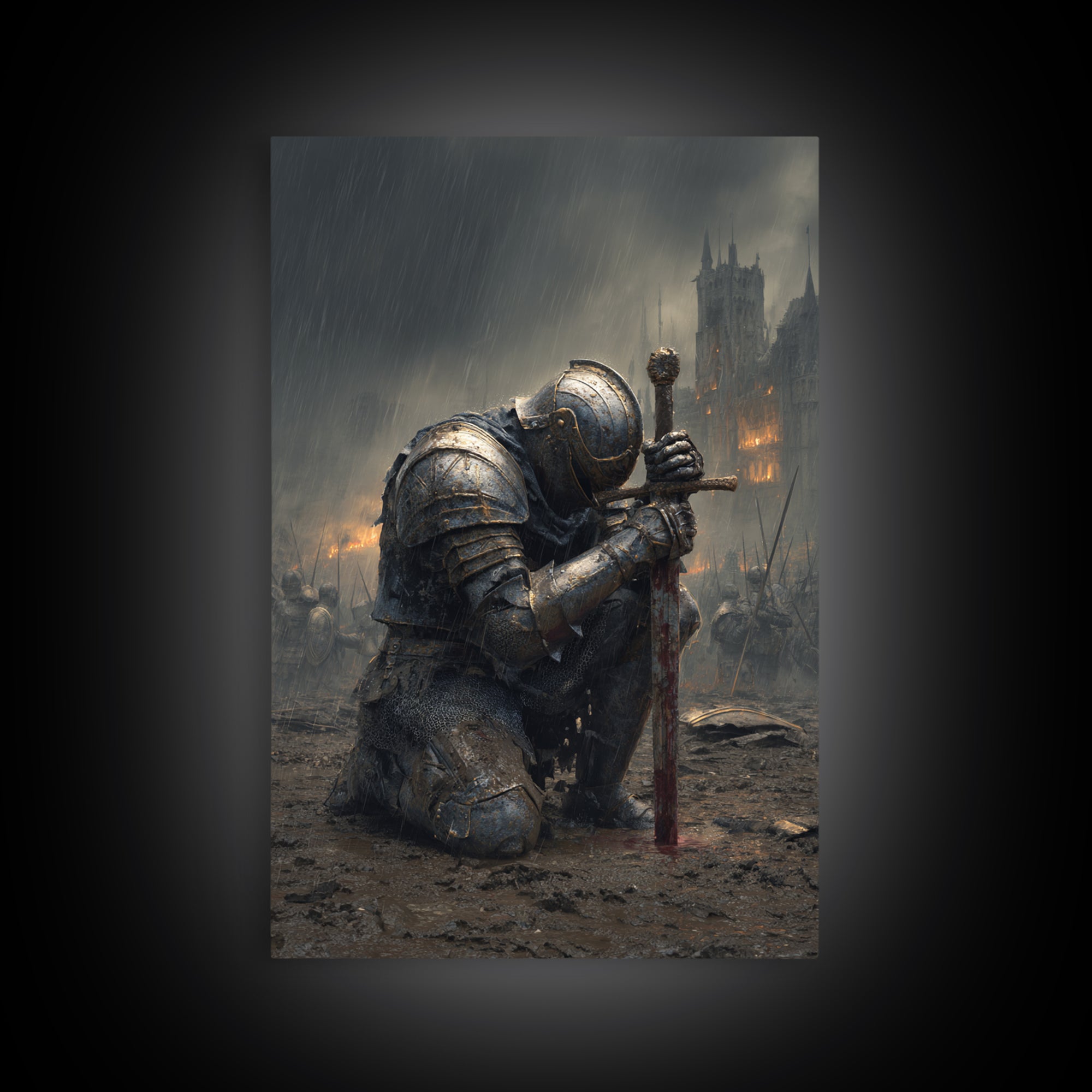 Kneeling Knight In Rainy Battlefield Framed Canvas Print, Dark Medieval Wall Decor, Gothic Castle Art, Gift For Him, Office Decor