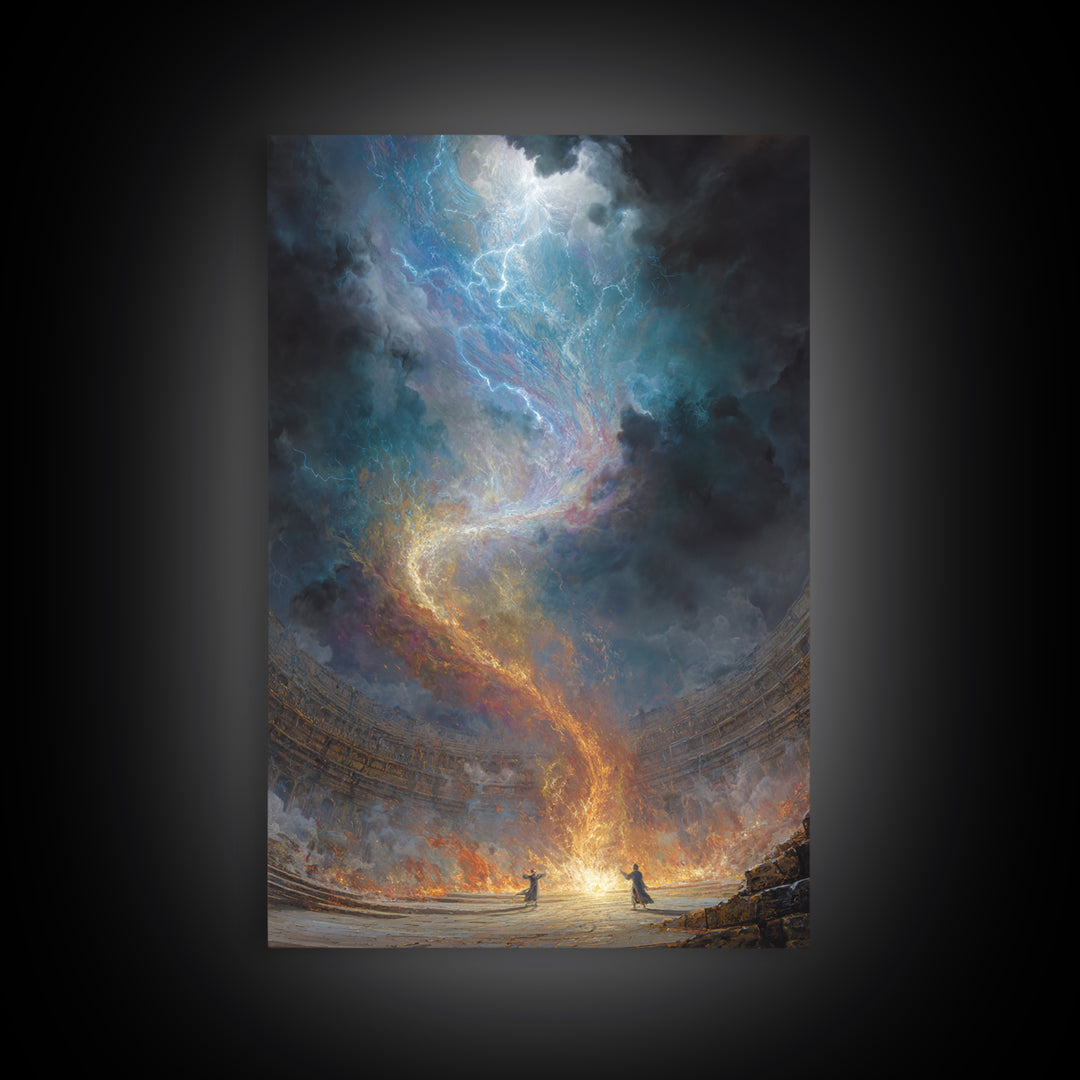 Celestial Firestorm Vortex In Ancient Arena Canvas Print, Epic Fantasy Wall Art, Cosmic Lightning Decor, Dramatic Poster