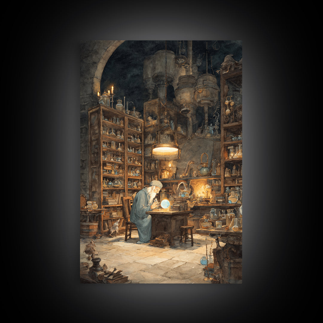 Moonlit Alchemist Workshop With Glowing Orb Wall Art, Dark Academia Decor, Fantasy Library Print, Whimsical Office Poster