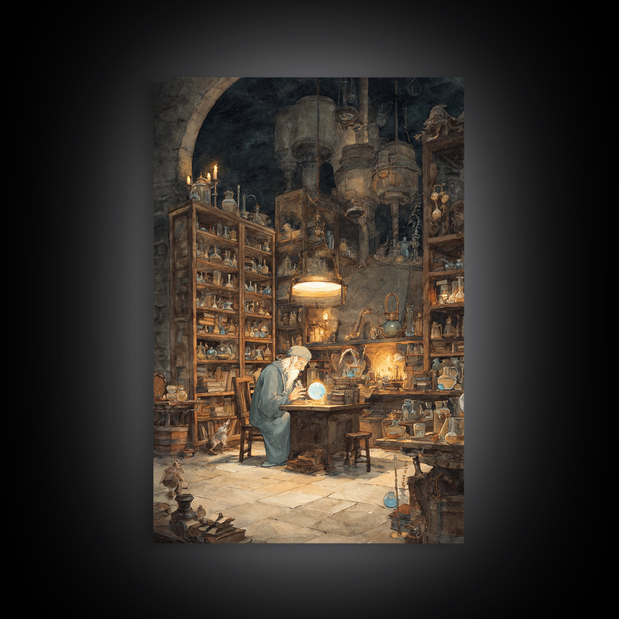 Moonlit Alchemist Workshop With Glowing Orb Wall Art, Dark Academia Decor, Fantasy Library Print, Whimsical Office Poster