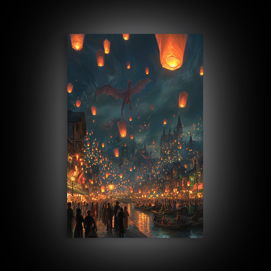 Dragon Lantern Festival Over Medieval Harbor Framed Canvas Print, Fantasy Wall Art, Magical City Decor, Whimsical Poster