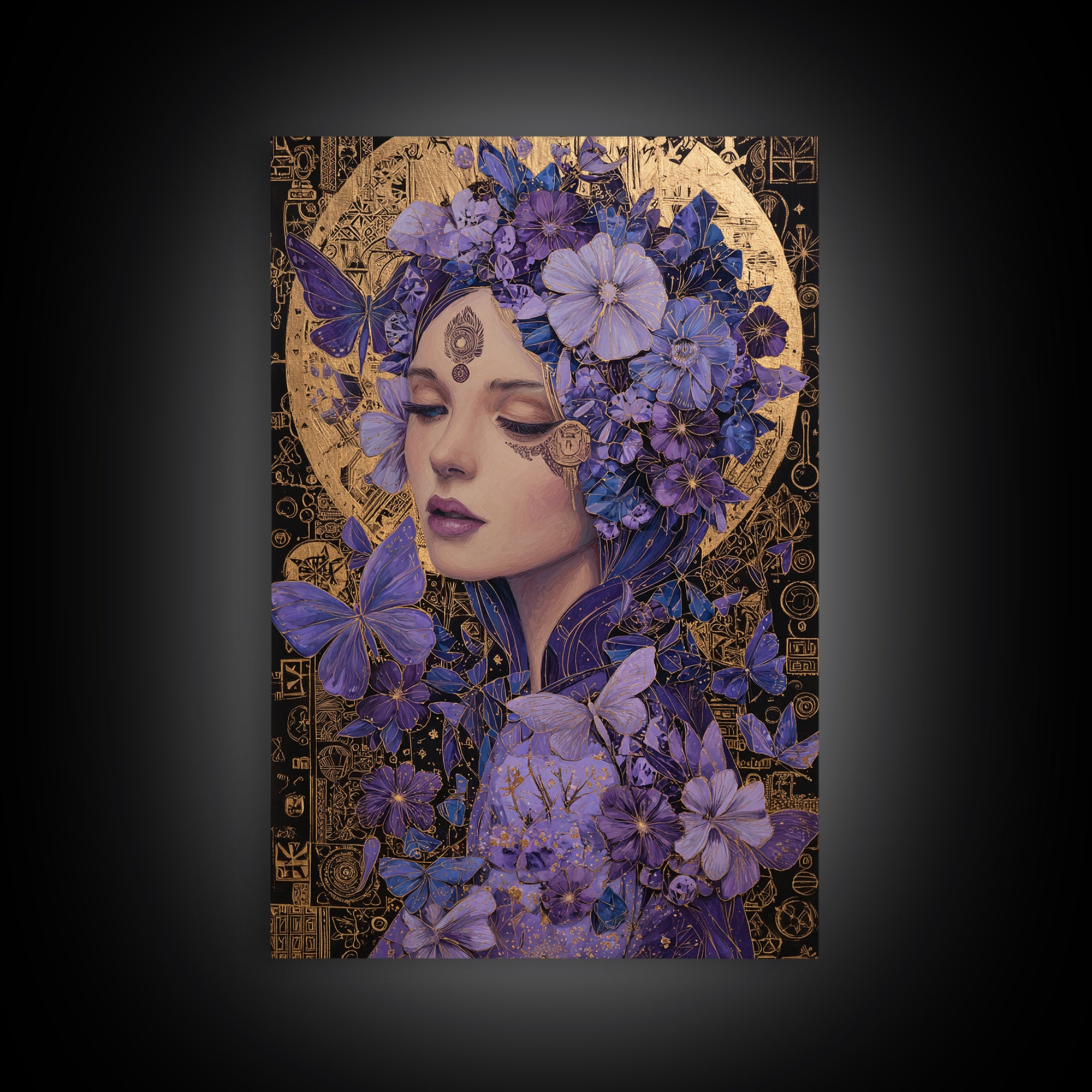 Purple Floral Goddess Portrait Wall Art, Art Nouveau Butterfly Decor, Feminine Celestial Canvas Print, Gift For Her, Boho Wall Decor