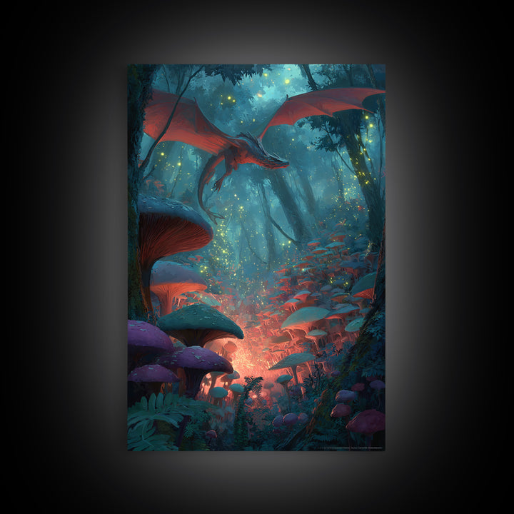 Red Dragon In Glowing Mushroom Forest Canvas Print, Enchanted Fantasy Wall Art, Woodland Nursery Decor, Magical Poster, Kids Room Art