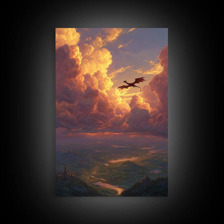 Dragon Flying Through Golden Sunset Clouds Wall Art, Epic Fantasy Landscape, Castle Valley Decor, Large Canvas Print, Gift For Him