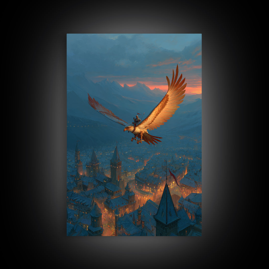 Giant Eagle Rider Over Snowy Fantasy City Framed Canvas Print, Magical Wall Art, Winter Castle Decor, Adventure Poster, Kids Room Art