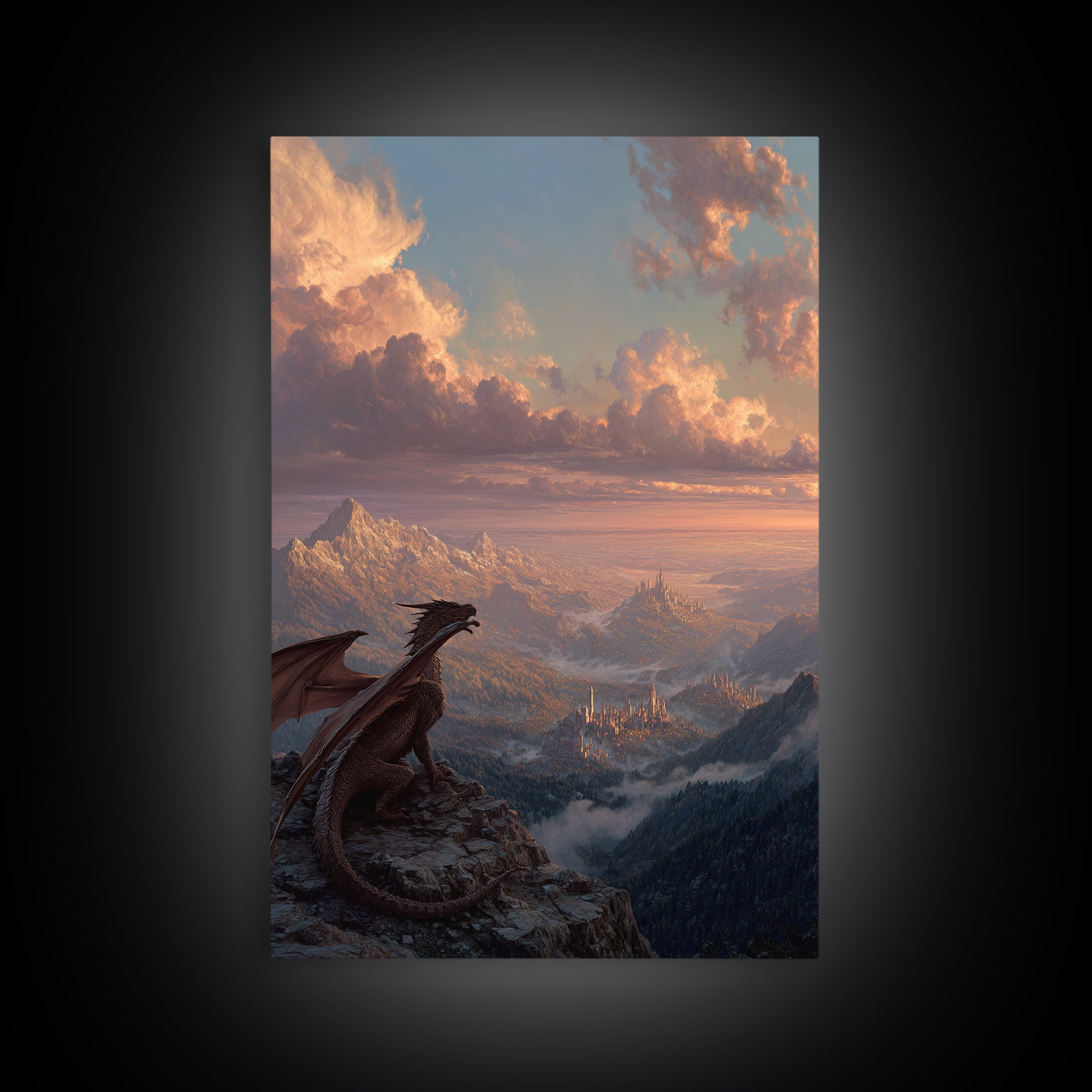 Dragon On Mountain Overlooking Kingdom At Sunset Canvas Print, Fantasy Landscape Wall Art, Castle Decor, Gift For Him, Adventure Poster