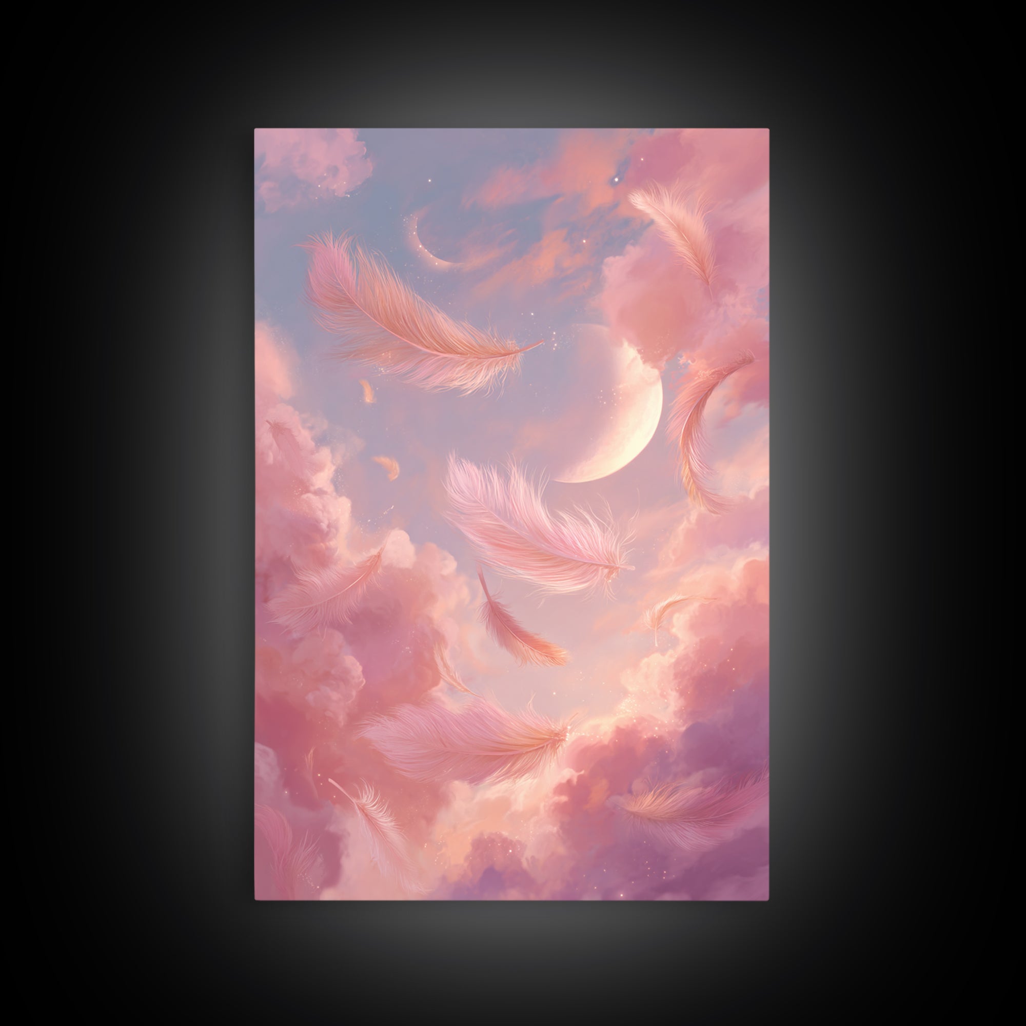 Crescent Moon Feather Wall Art, Pink Cloud Celestial Canvas, Dreamy Nursery Decor, Whimsical Bedroom Print Gift For Her, Pastel Decor