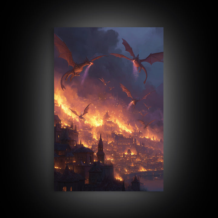 Burning Dragon Siege Over Medieval City Wall Art, Dark Fantasy Canvas Print, Gothic Castle Decor, Epic Fire Dragon Artwork
