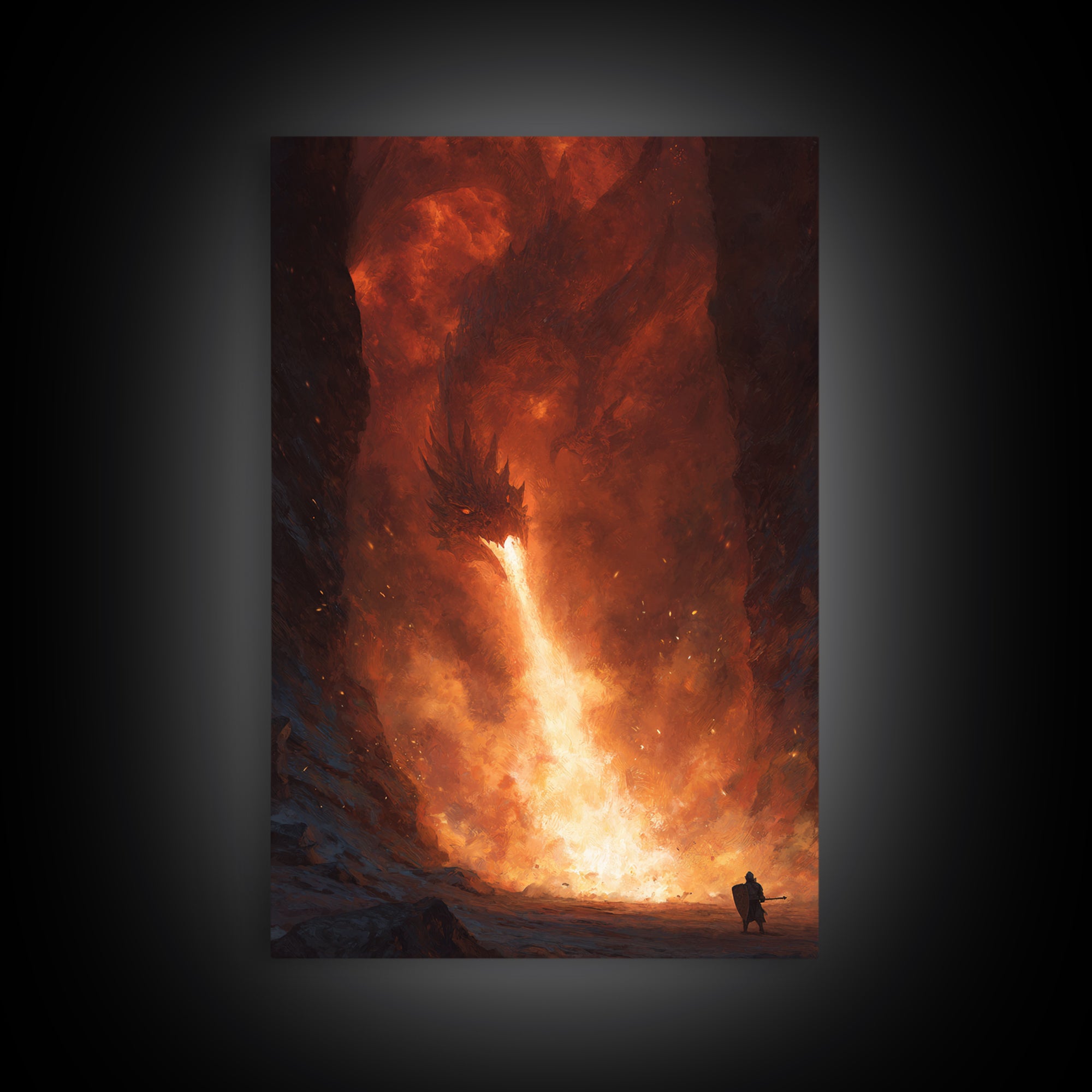Lone Warrior Facing Fire Breathing Dragon Canvas Print, Dark Fantasy Wall Art, Epic Cave Battle Decor, Dramatic Monster Art