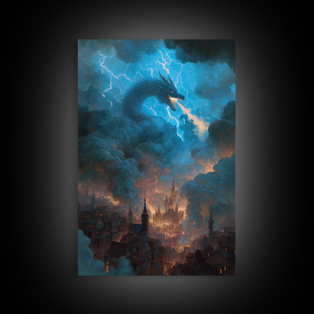 Storm Dragon Above Smoky Gothic City Wall Art, Electric Blue Fantasy Canvas Print, Dark Academia Decor, Epic Monster Artwork