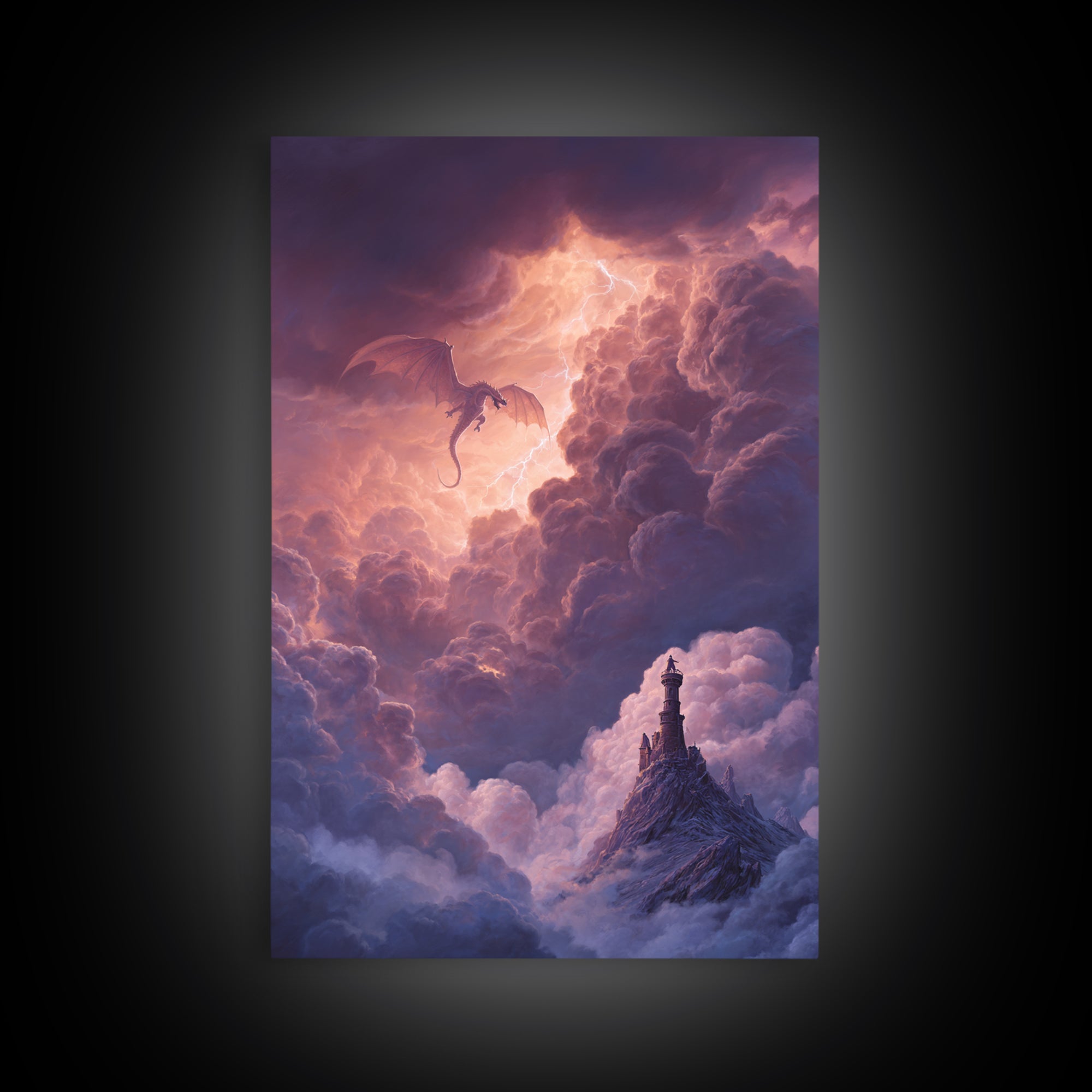 Dragon Flying Through Thunderclouds Framed Canvas Print, Fantasy Wall Art, Moody Sky Landscape, Castle Tower Decor, Epic Fantasy Gift