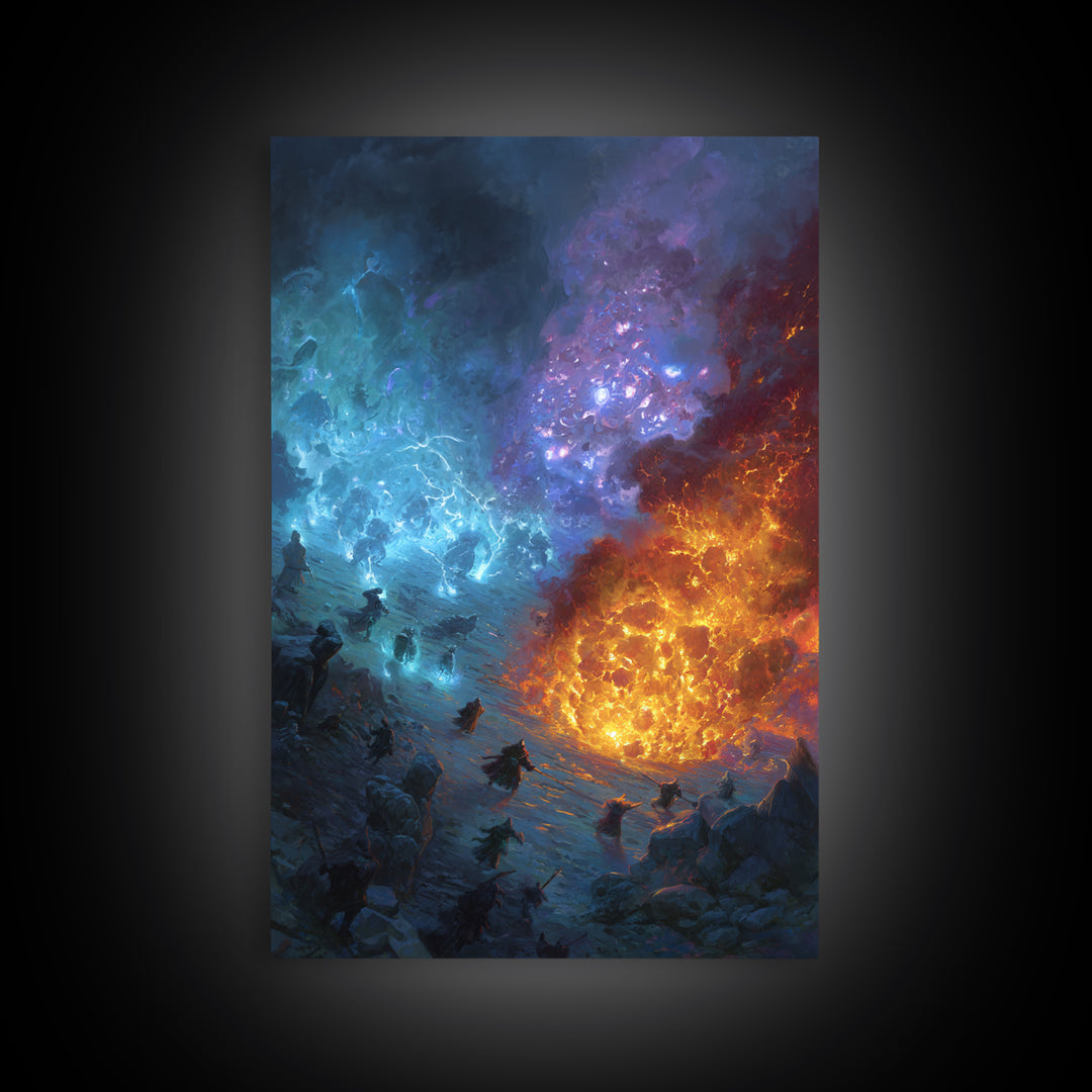 Elemental Fire And Ice Battle Wall Art, Epic Fantasy Canvas Print, Surreal Magic Landscape, Dramatic Warrior Decor, Adventure Artwork