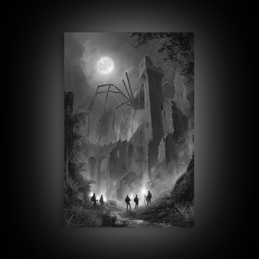 Giant Spider Haunting Moonlit Ruins Wall Art, Black And White Framed Canvas Print, Gothic Horror Decor, Creepy Fantasy Art