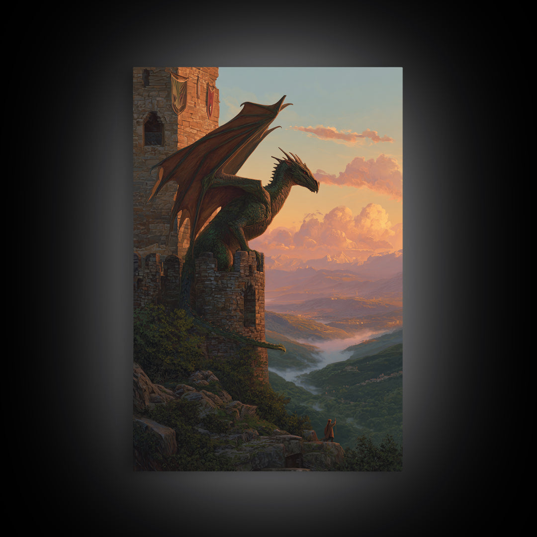 Green Dragon Guarding Mountain Castle Wall Art, Epic Fantasy Canvas Print, Medieval Valley Landscape, Statement Home Decor