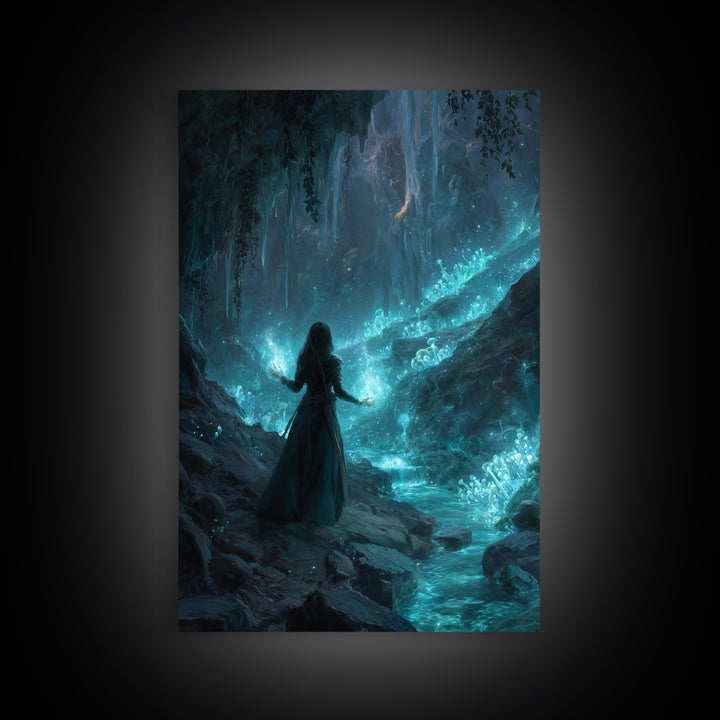 Glowing Crystal Cavern Sorceress Wall Art, Fantasy Art Print, Mystical Blue Cave Decor, Witchy Home Decor Gift For Her, Room Decor