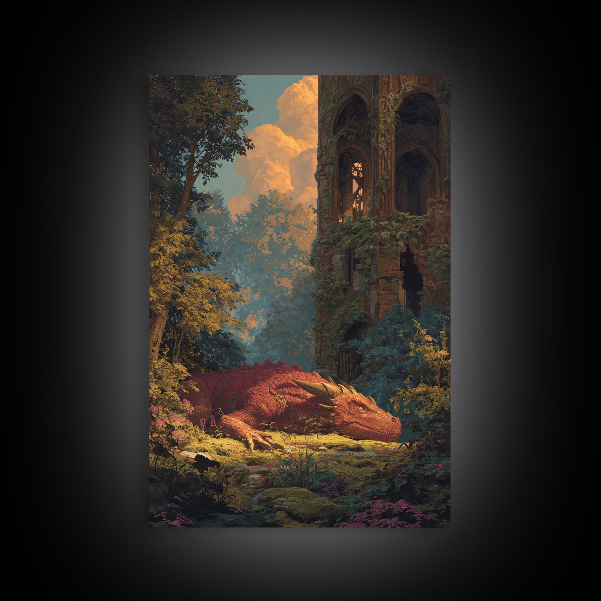 Sleeping Golden Dragon In Overgrown Ruins Canvas Print, Fantasy Wall Decor, Dragon Art, Storybook Castle Home Decor, Housewarming Gift
