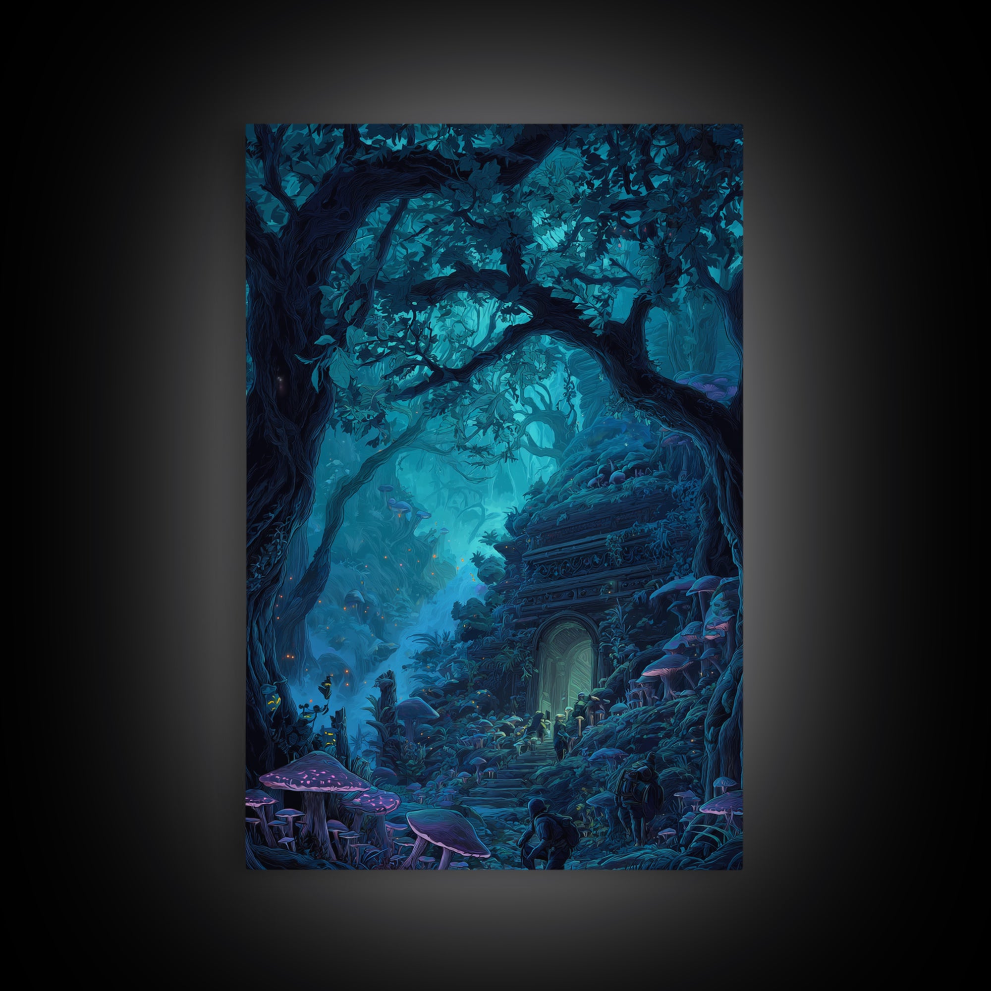 Enchanted Blue Forest Door Framed Canvas Print, Mushroom Wall Art, Fantasy Woodland Decor, Magical Library Art Print, Gift For Her