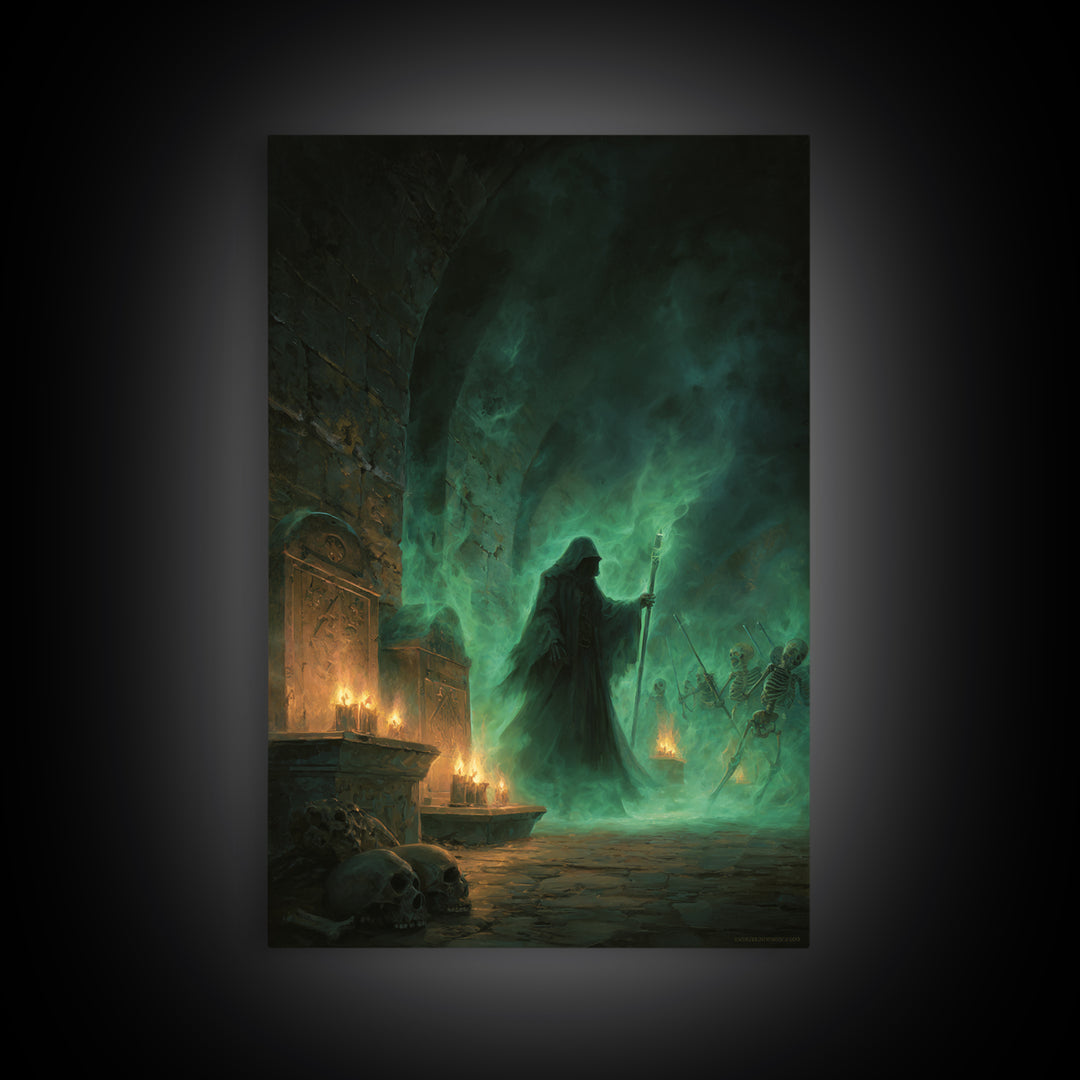 Green Necromancer Dungeon Wall Art, Dark Fantasy Canvas Print, Skeleton Gothic Decor, Witchy Macabre Home Decor, Gift For Him