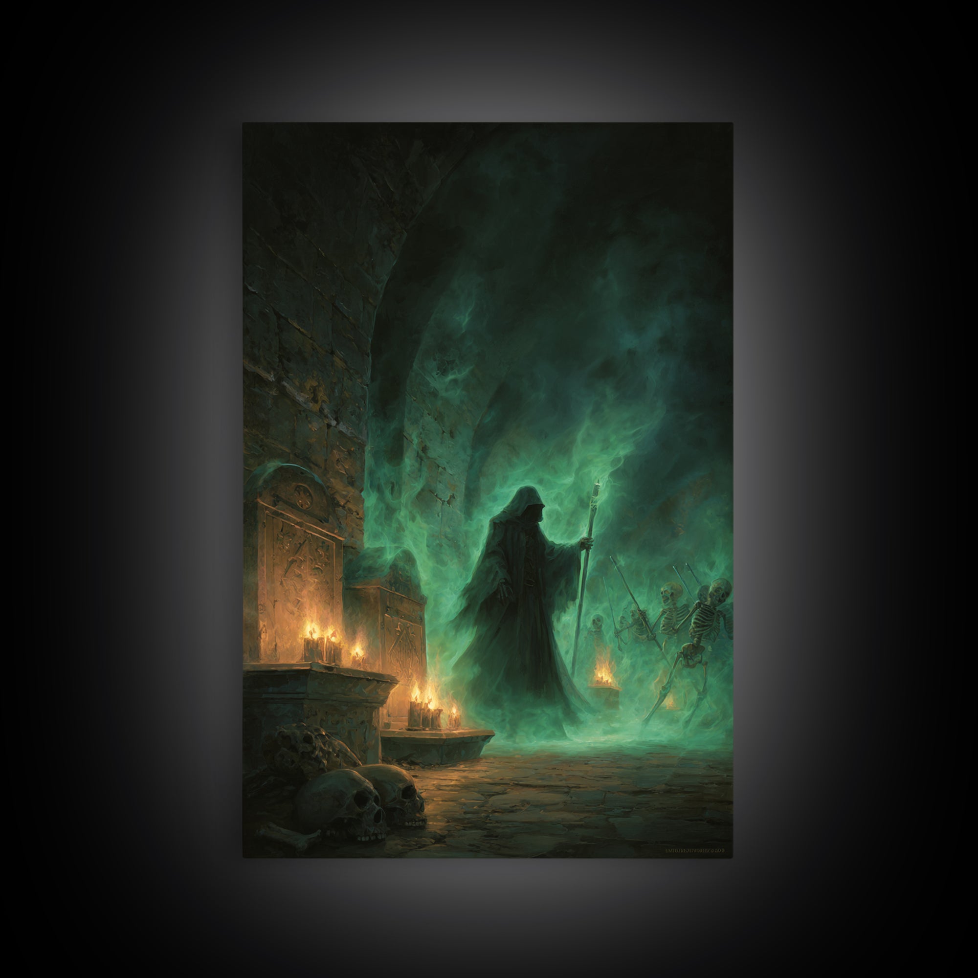 Green Necromancer Dungeon Wall Art, Dark Fantasy Canvas Print, Skeleton Gothic Decor, Witchy Macabre Home Decor, Gift For Him