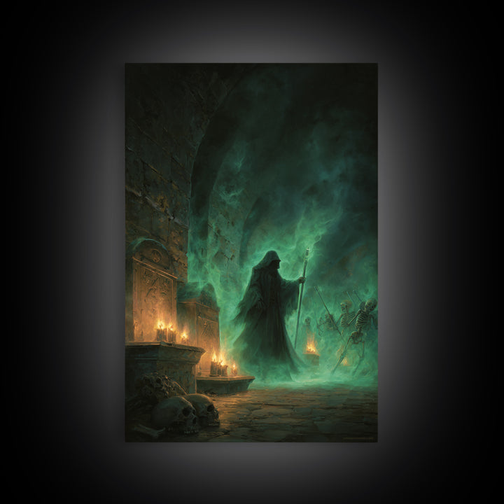 Green Necromancer Dungeon Wall Art, Dark Fantasy Canvas Print, Skeleton Gothic Decor, Witchy Macabre Home Decor, Gift For Him