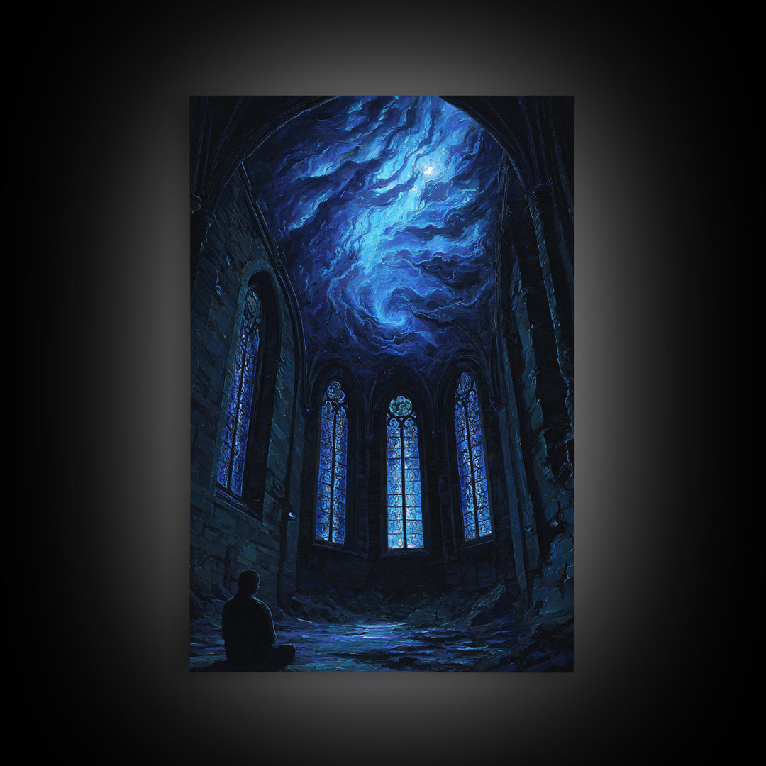 Blue Cosmic Chapel Ruins Canvas Print, Celestial Wall Art, Gothic Architecture Decor, Dark Academia Fantasy Art Print, Home Decor