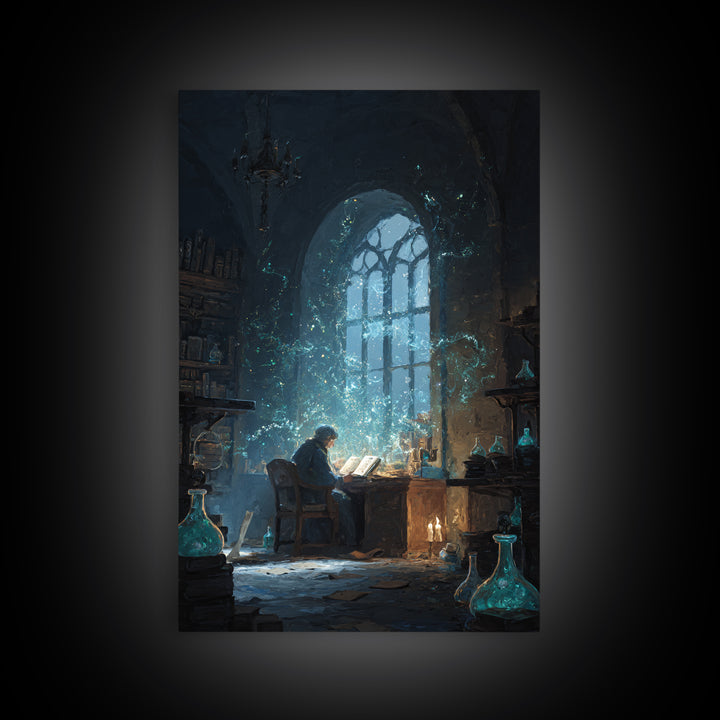 Alchemist Reading In Candlelit Library Framed Canvas Print, Dark Academia Wall Art, Wizard Study Decor, Bookish Gift For Readers