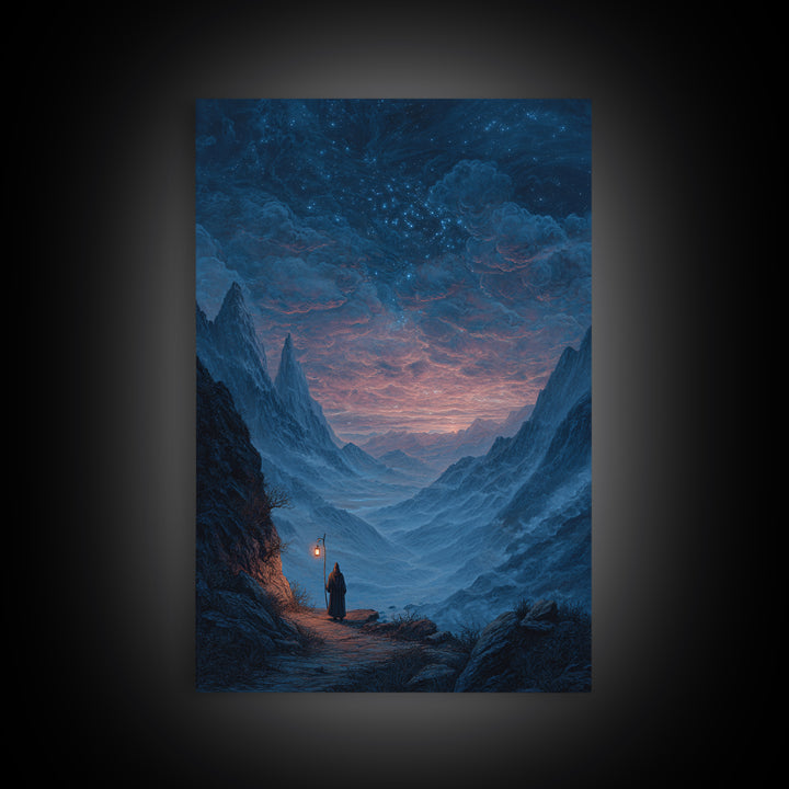 Starry Mountain Valley Pilgrim Wall Art, Fantasy Landscape Canvas Print, Celestial Night Sky Decor, Moody Blue Art Print