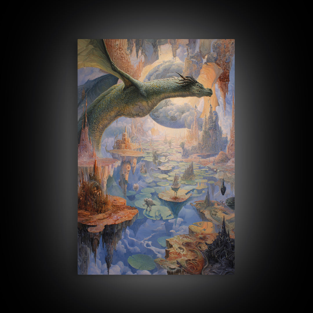 Giant Dragon Over Floating Kingdom Canvas Print, Fantasy Wall Art, Surreal Castle Landscape, Dreamy Storybook Decor, Gift For Her