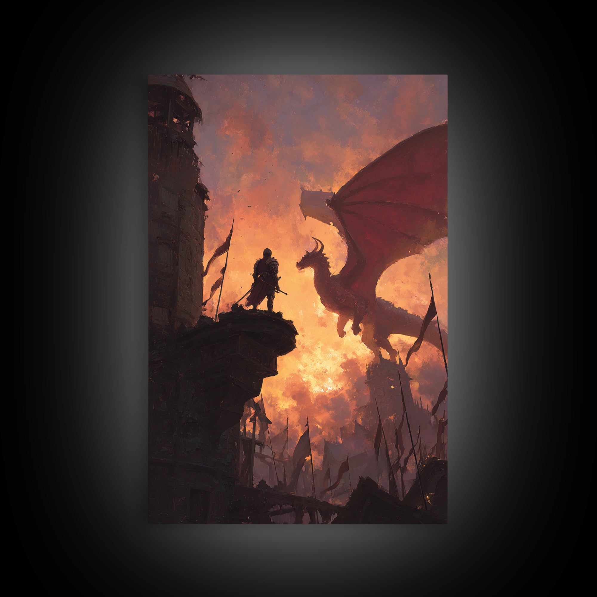 Knight Facing Red Dragon Wall Art, Epic Fantasy Canvas Print, Medieval Castle Decor, Dragon Artwork Gift For Him, Living Room Decor