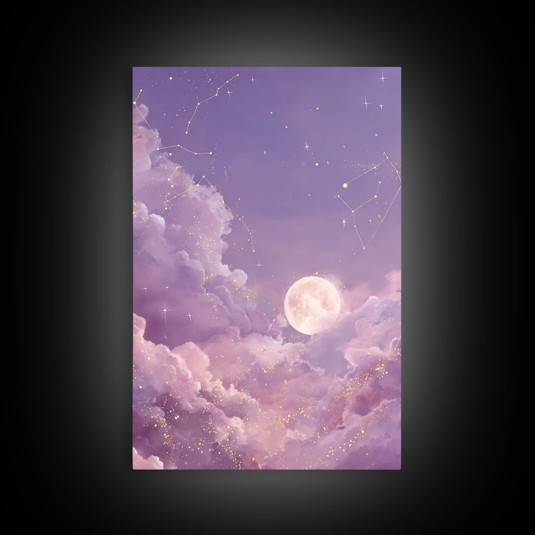 Full Moon Cloud Canvas Print, Lavender Celestial Sky Art, Zodiac Constellation Decor, Dreamy Nursery Wall Art For Bedroom