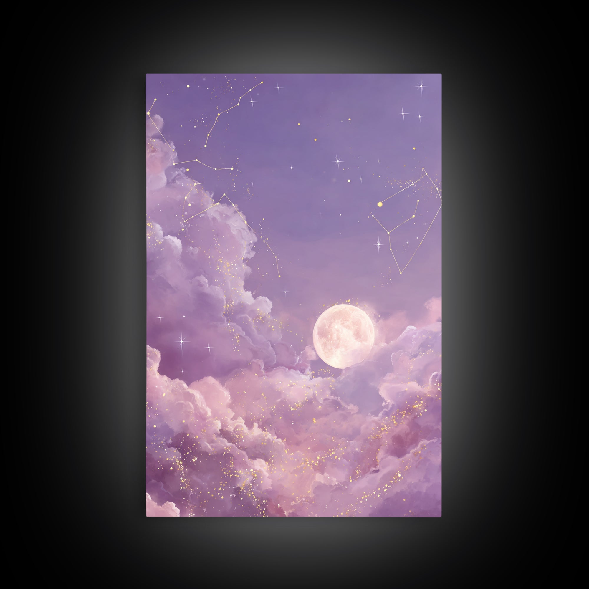 Full Moon Cloud Canvas Print, Lavender Celestial Sky Art, Zodiac Constellation Decor, Dreamy Nursery Wall Art For Bedroom
