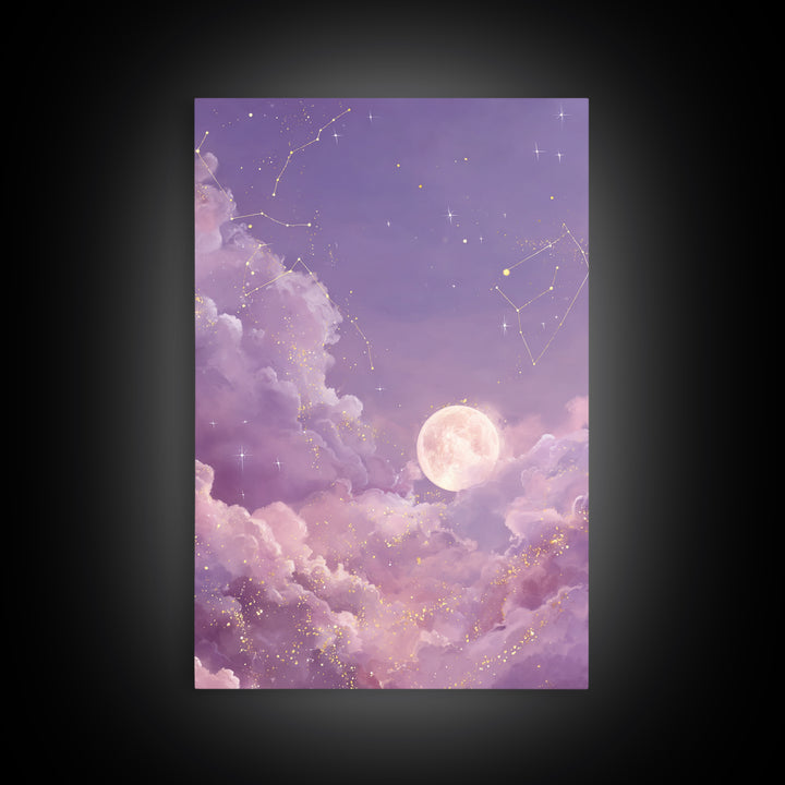 Full Moon Cloud Canvas Print, Lavender Celestial Sky Art, Zodiac Constellation Decor, Dreamy Nursery Wall Art For Bedroom