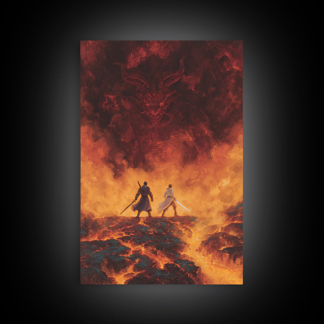 Fiery Demon And Lava Warriors Wall Art, Dark Fantasy Battle Canvas, Gothic Game Room Decor, Epic Dragon Gift For Him, Large Print