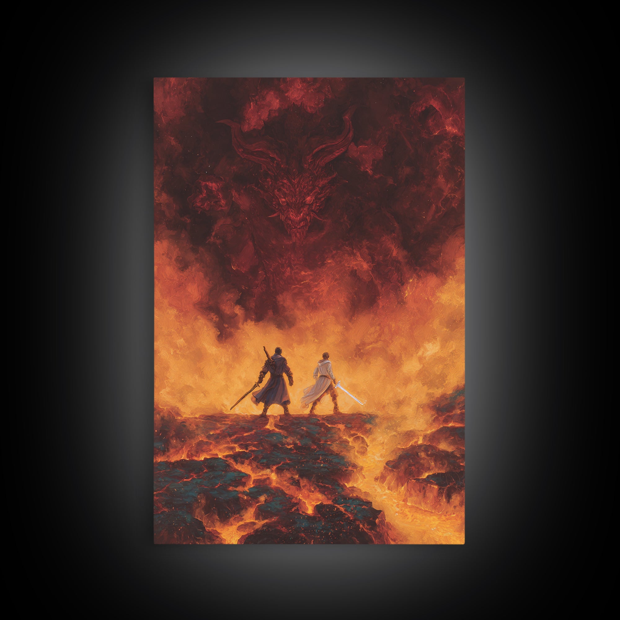 Fiery Demon And Lava Warriors Wall Art, Dark Fantasy Battle Canvas, Gothic Game Room Decor, Epic Dragon Gift For Him, Large Print